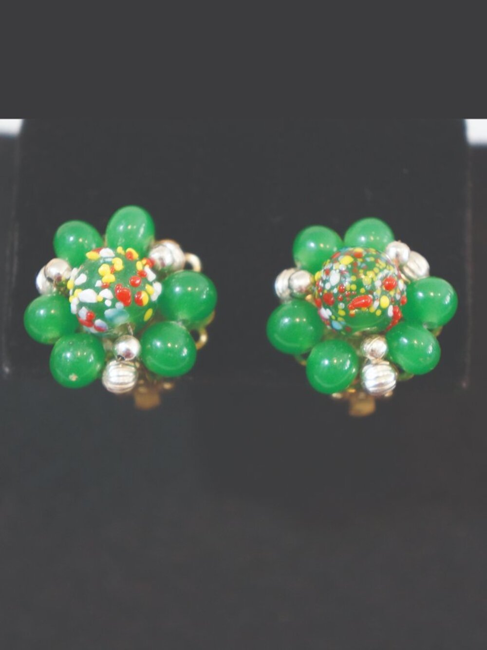 VTG Japan Green Glass Bead Cluster Clip On Earrings